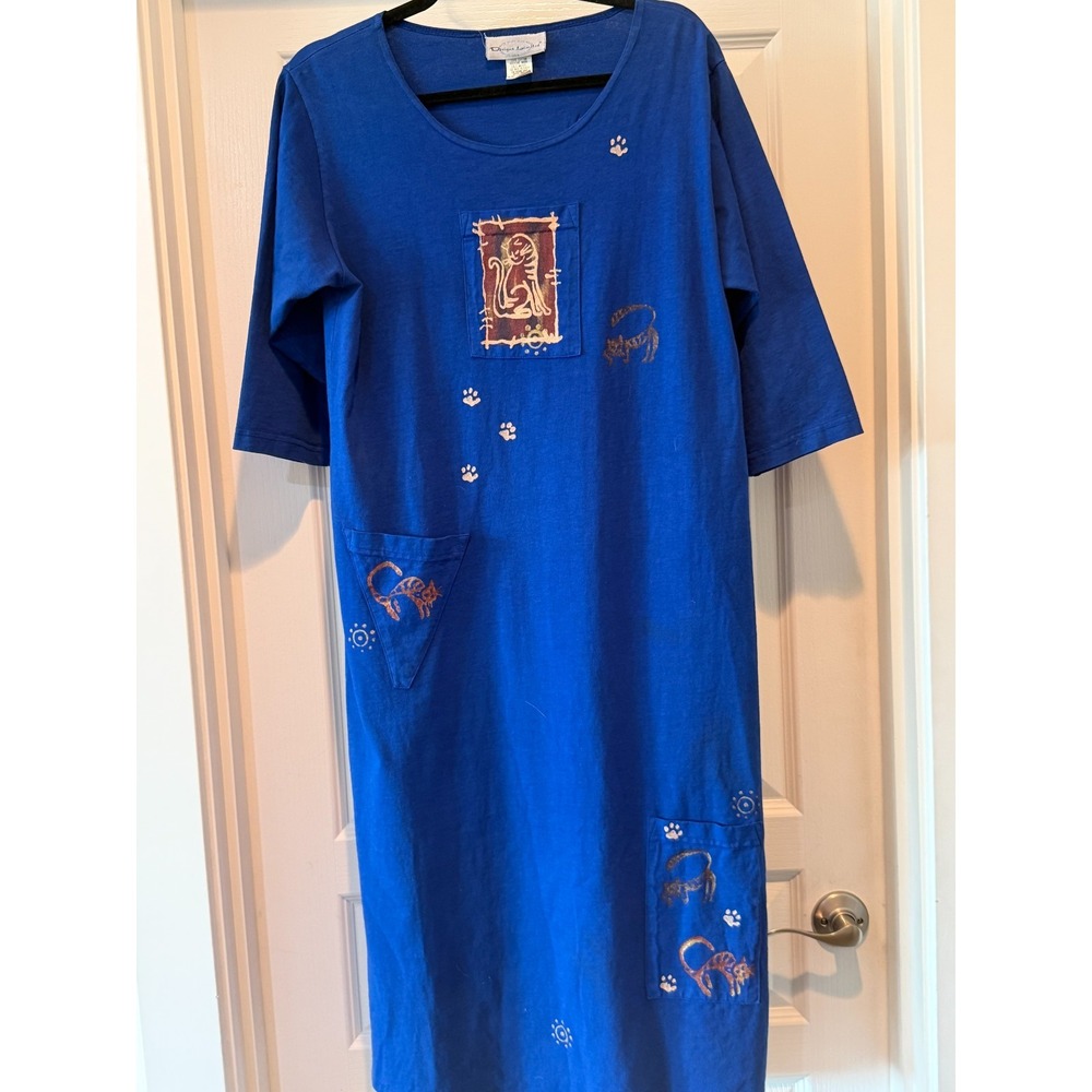 Vintage  Blue Maxi T Shirt 3/4 Sleeves Dress Cat Print Cotton USA